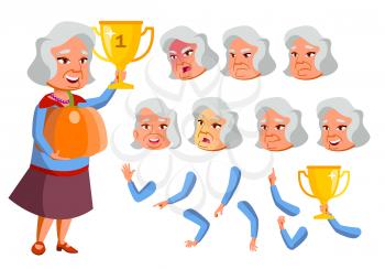 Asian Old Woman Vector. Senior Person. Aged, Elderly People. Funny, Friendship. Face Emotions, Various Gestures. Animation Creation Set. Isolated Flat Cartoon Illustration