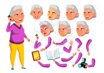 Asian Old Woman Vector. Senior Person. Aged, Elderly People. Leisure, Smile. Face Emotions, Various Gestures. Animation Creation Set. Isolated Flat Cartoon Illustration