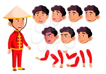 Asian Boy, Child, Kid, Teen Vector. School children, Teen. Face Emotions, Various Gestures Animation Creation Set Isolated Illustration