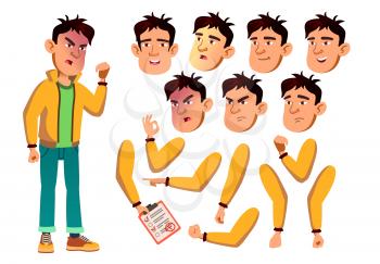 Asian Teen Boy Vector. Teenager. Active, Expression. Face Emotions, Various Gestures. Animation Creation Set. Isolated Cartoon Character Illustration