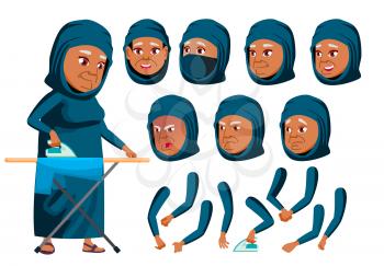 Arab, Muslim Old Woman Vector. Senior Person. Aged, Elderly People. Active, Expression. Face Emotions, Various Gestures. Animation Creation Set. Isolated Flat Cartoon Illustration