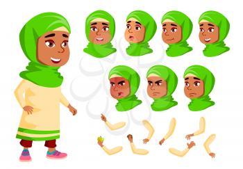 Arab, Muslim Girl, Child, Kid, Teen Vector. Cheerful Pupil. Face Emotions, Various Gestures. Animation Creation Set Isolated Cartoon Character Illustration