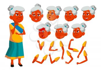 Indian Old Woman Vector. Senior Person. Aged, Elderly People. Positive. Face Emotions, Various Gestures. Animation Creation Set. Isolated Cartoon Character Illustration