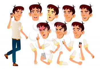 Asian Teen Boy Vector. Teenager. Leisure, Smile. Face Emotions, Various Gestures. Animation Creation Set. Isolated Cartoon Character Illustration