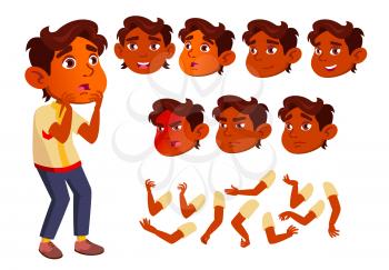 Indian Boy, Child, Kid, Teen Vector. Smile. Cute. Happiness Enjoyment. Face Emotions, Various Gestures. Animation Creation Set Isolated Flat Character Illustration