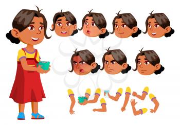 Arab, Muslim Girl, Child, Kid, Teen Vector. Active Cute. Cheer, Pretty. Face Emotions Various Gestures Animation Creation Set Isolated Flat Character Illustration