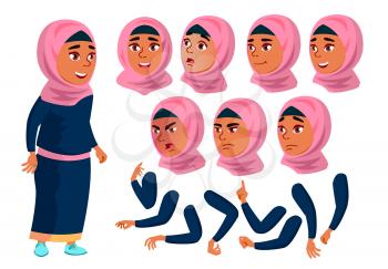 Arab, Muslim Teen Girl Vector. Teenager. Positive. Face Emotions, Various Gestures. Animation Creation Set. Isolated Flat Character Illustration