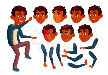 Indian Teen Boy Vector. Teenager. Cute, Comic. Joy. Face Emotions, Various Gestures. Animation Creation Set. Isolated Flat Character Illustration