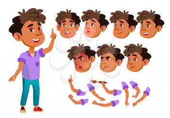 Arab, Muslim Boy, Child, Kid, Teen Vector. Little. Funny. Junior. Friendly Face Emotions Various Gestures Animation Creation Set Isolated Flat Character Illustration