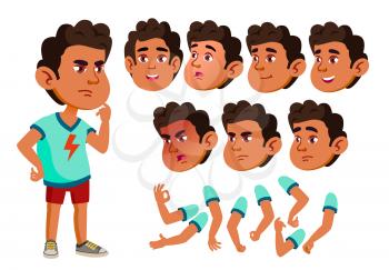 Arab, Muslim Boy, Child, Kid, Teen Vector. Active Cute. Cheer, Pretty. Face Emotions Various Gestures Animation Creation Set Isolated Flat Character Illustration
