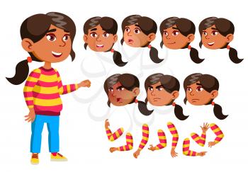 Arab, Muslim Girl, Child, Kid, Teen Vector. Smile. Cute. Happiness Enjoyment. Face Emotions Various Gestures Animation Creation Set Isolated Flat Character Illustration