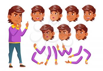 Arab, Muslim Teen Boy Vector. Teenager. Adult People. Casual. Face Emotions, Various Gestures. Animation Creation Set. Isolated Flat Character Illustration