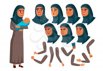 Arab, Muslim Teen Girl Vector. Teenager. Adult People. Mother And Baby. Casual. Fun, Cheerful. Face Emotions, Various Gestures. Animation Creation Set Isolated Flat Cartoon Illustration
