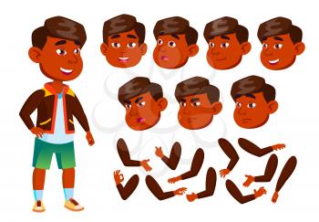 Indian Boy, Child, Kid, Teen Vector. Cheerful Pupil. Face Emotions, Various Gestures. Animation Creation Set. Isolated Flat Character Illustration