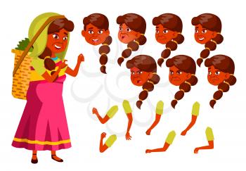Indian Old Woman Vector. Senior Person. Aged, Elderly People. Positive Person. Tea Picker. Face Emotions, Various Gestures. Animation Creation Set. Isolated Flat Cartoon Illustration
