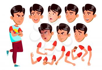 Asian AsianTeen Boy Vector. Teenager. Face. Children. Face Emotions, Various Gestures. Animation Creation Set. Isolated Flat Character Illustration