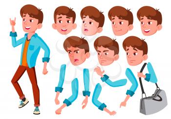 Teen Boy Vector. Teenager. Positive Person. Face Emotions, Various Gestures. Animation Creation Set. Isolated Flat Cartoon Character Illustration
