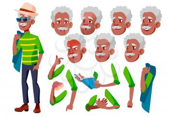Old Man Vector. Senior Person. Black. Afro American. Aged, Elderly People. Face Emotions, Various Gestures. Animation Creation Set. Isolated Flat Cartoon Character Illustration