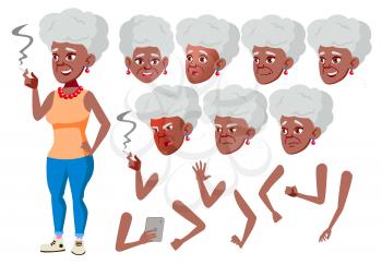 Old Woman Vector. Black. Afro American. Senior Person. Aged, Elderly People. Face Emotions, Various Gestures. Animation Creation Set. Isolated Flat Cartoon Character Illustration
