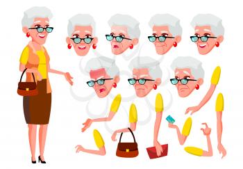 Old Woman Vector. Senior Person. Aged, Elderly People. Cute, Comic. Joy. Face Emotions, Various Gestures. Animation Creation Set. Isolated Flat Cartoon Character Illustration