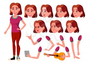 Teen Girl Vector. Teenager. Activity, Beautiful. Face Emotions, Various Gestures. Animation Creation Set. Isolated Cartoon Character Illustration