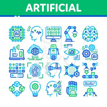 Artificial Intelligence Vector Thin Icons Set. Artificial Intelligence Details Binary Code, Robot, Light Bulb Linear Pictograms. Fingerprint, Microchip, Assembly Line Color Contour Illustrations