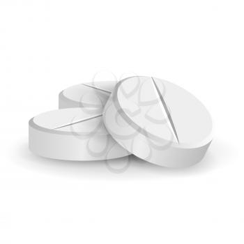 White 3D Medical Pills Or Drugs Vector Illustration. Tablets Set In Different Positions Isolated On White Background. Vitamin And Painkiller