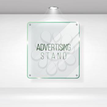 Advertising Stand Glass Vector. Realistic Glass On A Wall With Lights. Good For Images And Advertisement. Banner Template For Designers.