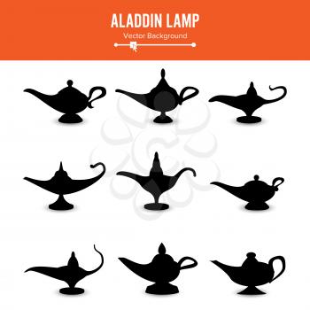 Aladdin lamp Vector. Set Icons Aladdins lamp Signs. Illustration Wish And Mystery Souvenir