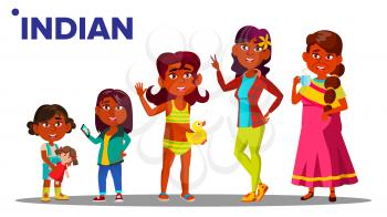 Indian Generation Female Set People Person Vector. Indian Mother, Daughter, Granddaughter, Baby. Isolated Illustration