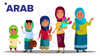 Arab, Muslim Generation Female People Person Vector. Mother, Daughter, Granddaughter, Baby, Teen Vector Isolated Illustration