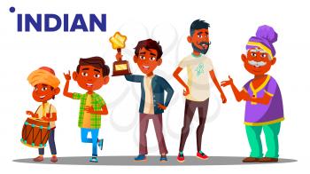 Indian Generation Male Set People Person Vector. Indian Grandfather, Father, Son, Grandson, Baby Vector. Vector. Isolated Illustration