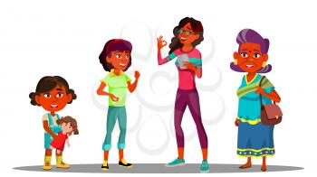 Indian Generation Female Set Vector. Grandmother, Mother, Daughter, Granddaughter, Baby Vector Isolated Illustration