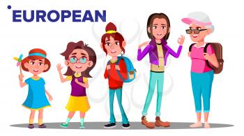 European Generation Female Set People Person Vector. Mother, Daughter, Granddaughter, Baby. Isolated Illustration