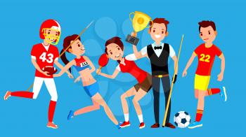 Athlete Set Vector. Man, Woman. American Football, Athletics, Table Tennis, Snooker, Soccer. Group Of Sports People In Uniform, Apparel. Sportsman Character In Game Action Cartoon Illustration