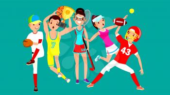Athlete Set Vector. Man, Woman. Baseball, Basketball, Field Hockey, Tennis, American Football. Group Of Sports People In Uniform, Apparel. Sportsman Character In Game Action Cartoon Illustration