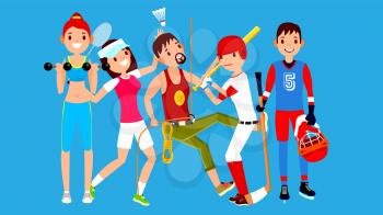 Athlete Set Vector. Man, Woman. Fitness Girl, Tennis, Climber, Baseball, Hockey. Group Of Sports People In Uniform, Apparel. Sportsman Character In Game Action Cartoon Illustration