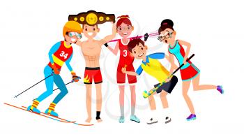Athlete Set Vector. Man, Woman. Skiing, Boxing, Lacrosse, Table Tennis, Field Hockey. Group Of Sports People In Uniform, Apparel. Sportsman Character In Game Action Cartoon Illustration