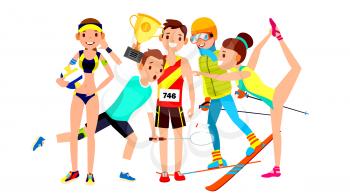 Athlete Set Vector. Man, Woman. Volleyball, Tennis, Athletics, Skiing, Gymnastics. Group Of Sports People In Uniform, Apparel Sportsman Character In Game Action Cartoon Illustration