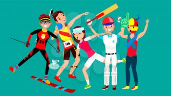 Athlete Set Vector. Man, Woman. Skiing, Athletics, Tennis, Baseball, Fan. Group Of Sports People In Uniform, Apparel Sportsman Character In Game Action Cartoon Illustration