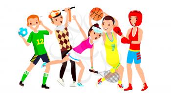 Athlete Set Vector. Man, Woman. Handball, Golf, Tennis, Basketball, Boxing. Group Of Sports People In Uniform, Apparel Sportsman Character In Game Action Cartoon Illustration