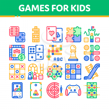Interactive Kids Games Vector Thin Line Icons Set. Domino, Chess And Video Games Controller Linear Pictograms. Cards And Jenga, Tetris And Billiard, Monopoly And Darts Color Contour Illustrations