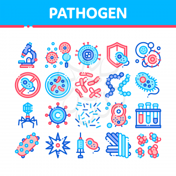 Collection Pathogen Elements Vector Sign Icons Set. Pathogen Bacteria Microorganism, Microbes And Germs Linear Pictograms. Analysis In Flask, Microscope And Injection Color Contour Illustrations