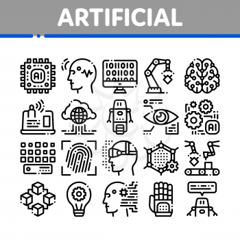 Artificial Intelligence Vector Thin Icons Set. Artificial Intelligence Details Binary Code, Robot, Light Bulb Linear Pictograms. Fingerprint, Microchip, Assembly Line Black Contour Illustrations