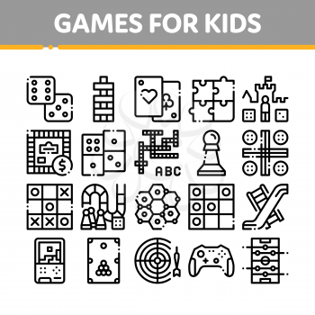 Interactive Kids Games Vector Thin Line Icons Set. Domino, Chess And Video Games Controller Linear Pictograms. Cards And Jenga, Tetris And Billiard, Monopoly And Darts Black Contour Illustrations
