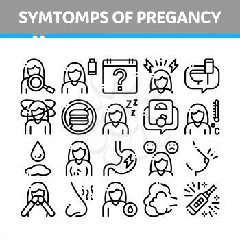 Symptomps Of Pregancy Element Vector Icons Set. Fatigue And Nausea, Food Aversion And Frequent Urination, Constipation And Faintness Symptomps Of Pregancy Pictograms. Black Contour Illustrations
