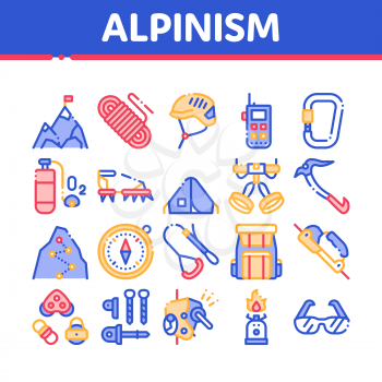 Alpinism Collection Elements Vector Icons Set Thin Line. Compass And Glasses, Mountain Direction And Burner Mountaineering Alpinism Equipment Concept Linear Pictograms. Color Contour Illustrations