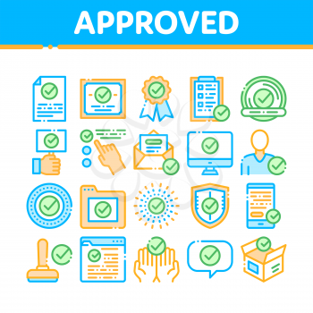 Approved Collection Elements Vector Icons Set Thin Line. Approved Sings On Document File And Hands, Computer Monitor And Smartphone Display Concept Linear Pictograms. Color Contour Illustrations