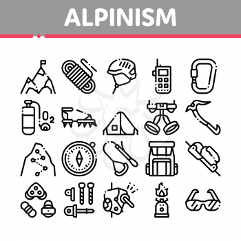 Alpinism Collection Elements Vector Icons Set Thin Line. Compass And Glasses, Mountain Direction And Burner Mountaineering Alpinism Equipment Concept Linear Pictograms. Black Contour Illustrations