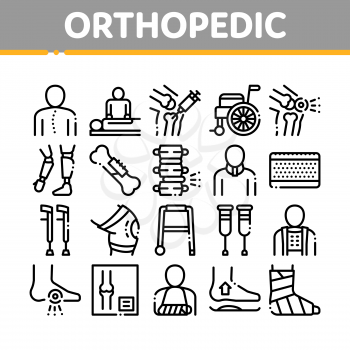 Orthopedic Collection Elements Vector Icons Set Thin Line. Orthopedic And Trauma Rehabilitation, Cervical Collar And Walkers Concept Linear Pictograms. Medical Rehab Goods Black Contour Illustrations